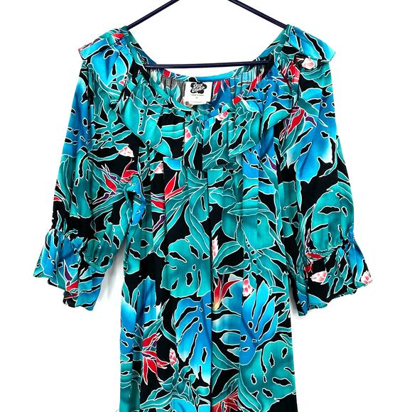 Hilo Hattie‎ Size L 3/4 Sleeve Boat Neck Long Dress Blue Tropical Print Casual - Picture 3 of 5